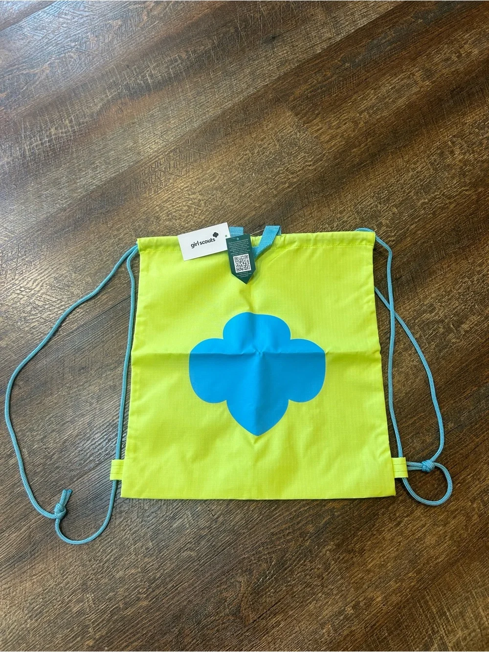 Girl Scouts Lime Green Drawstring Backpack with Blue Trefoil